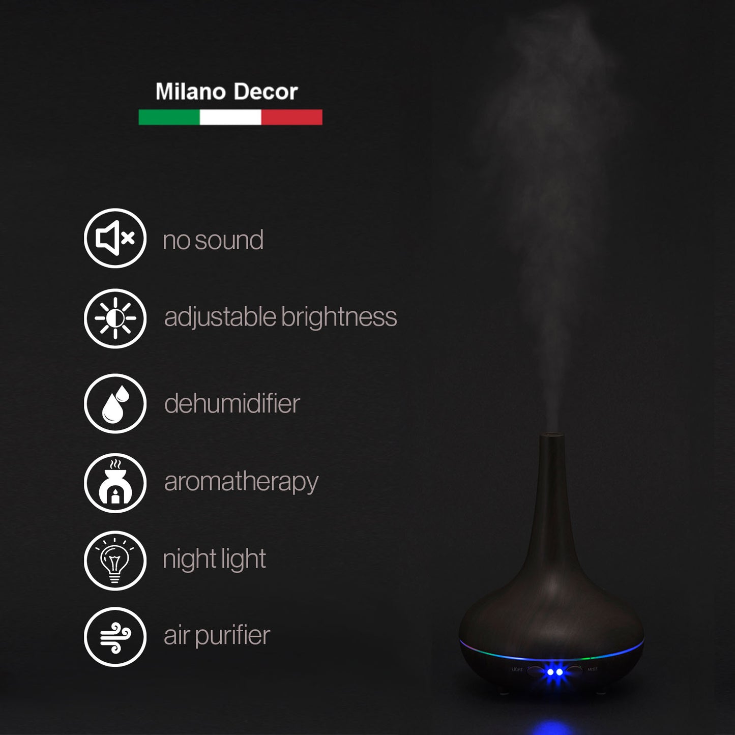 Aroma Diffuser 200ml with LED Light, Dark Wood Grain, 3 Oils Included