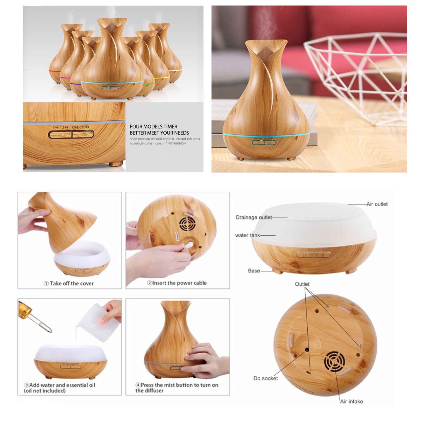 Essential Oil Aroma Diffuser – Tulip Light Wood Ultrasonic Mist Humidifier with LED Lights