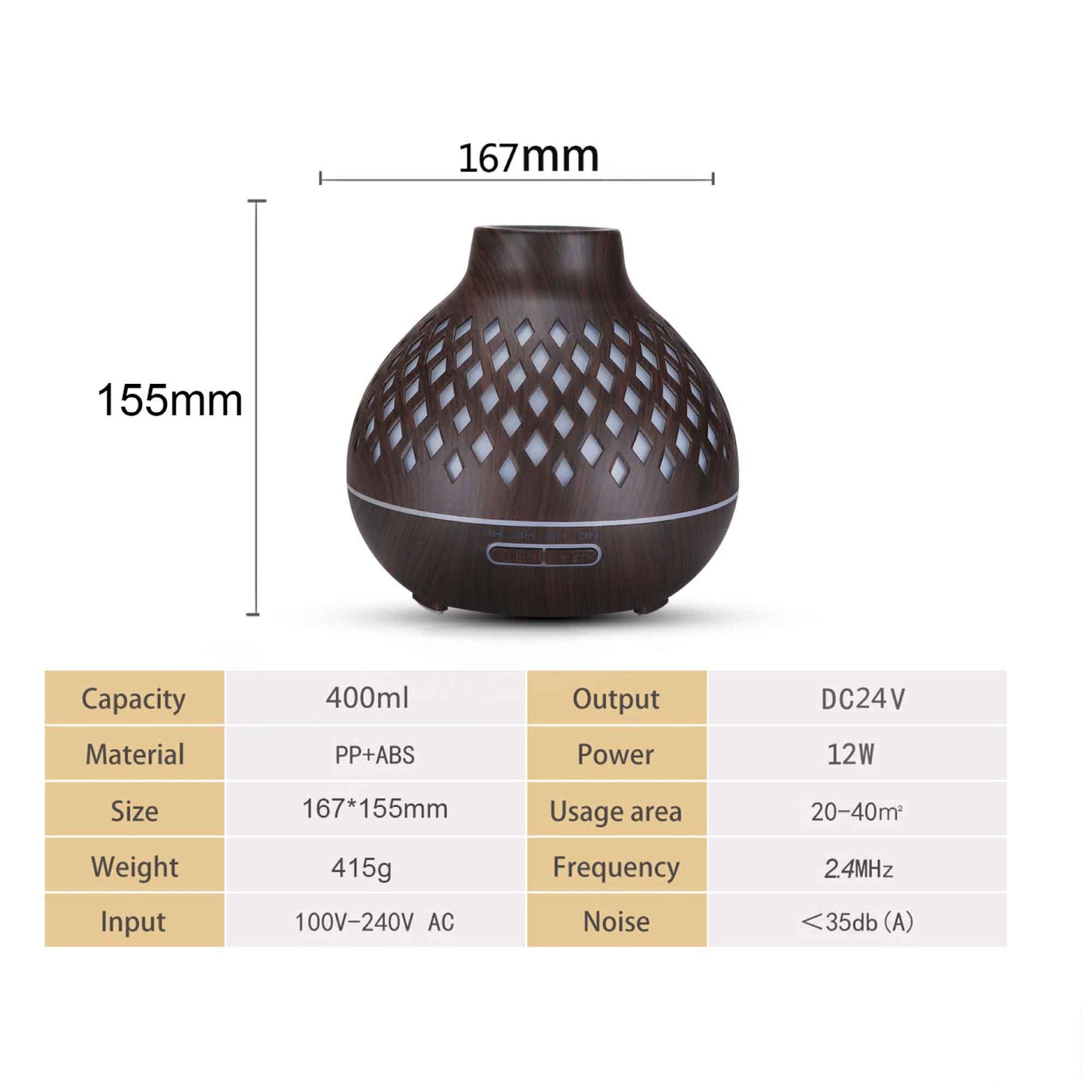 Aromatherapy Essential Oil Diffuser with Remote - 400ml Hollowed Wood Mist Humidifier