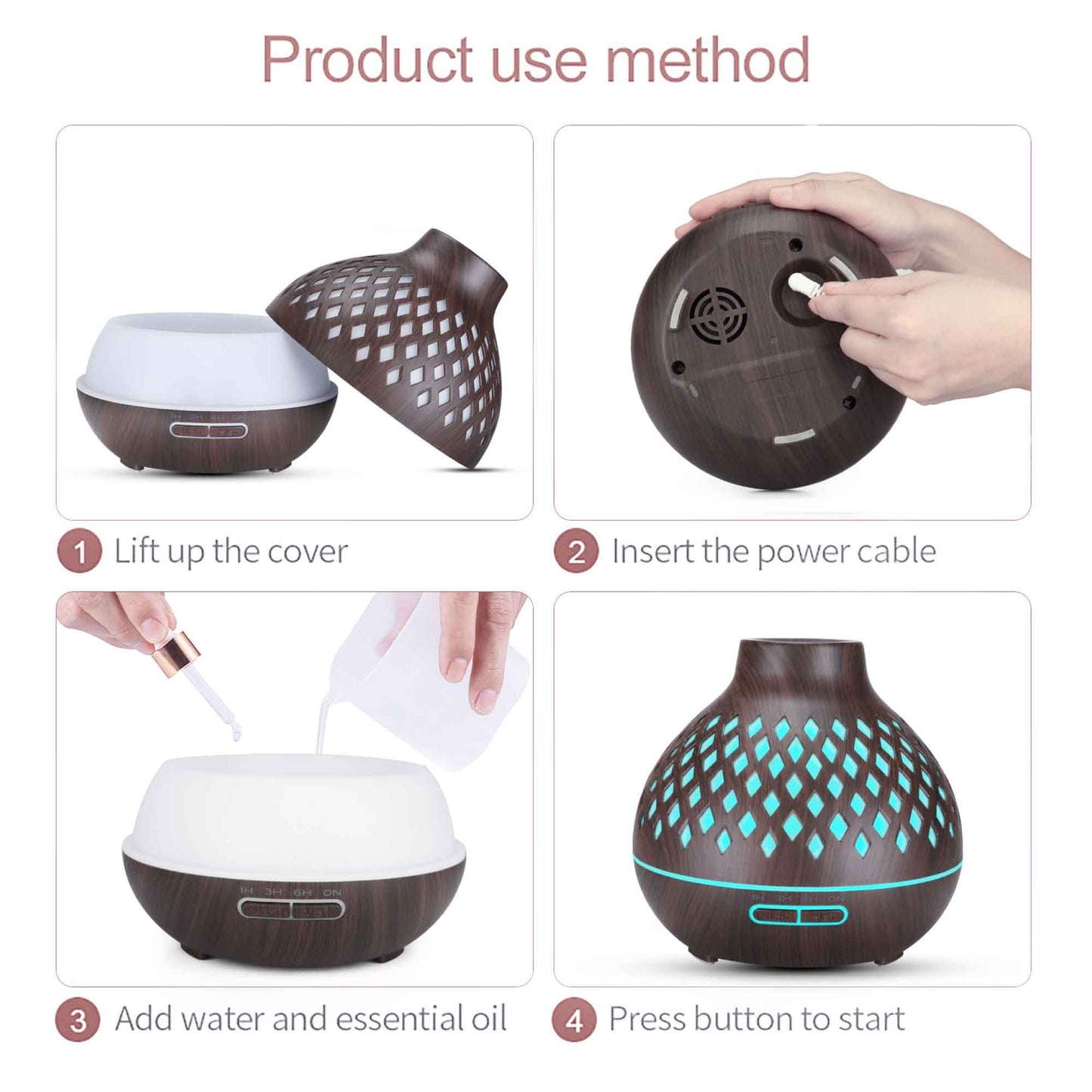 Aromatherapy Essential Oil Diffuser with Remote - 400ml Hollowed Wood Mist Humidifier