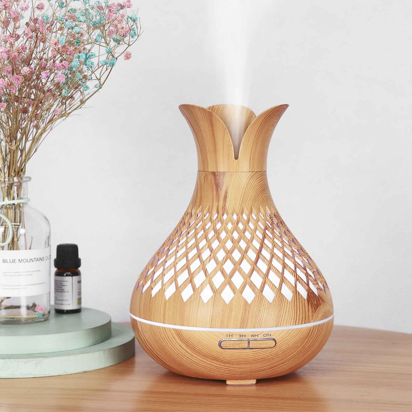 Aussie Aroma Diffuser and Remote - 500ml Vase Flower Wood Mist Humidifier 🌳💧