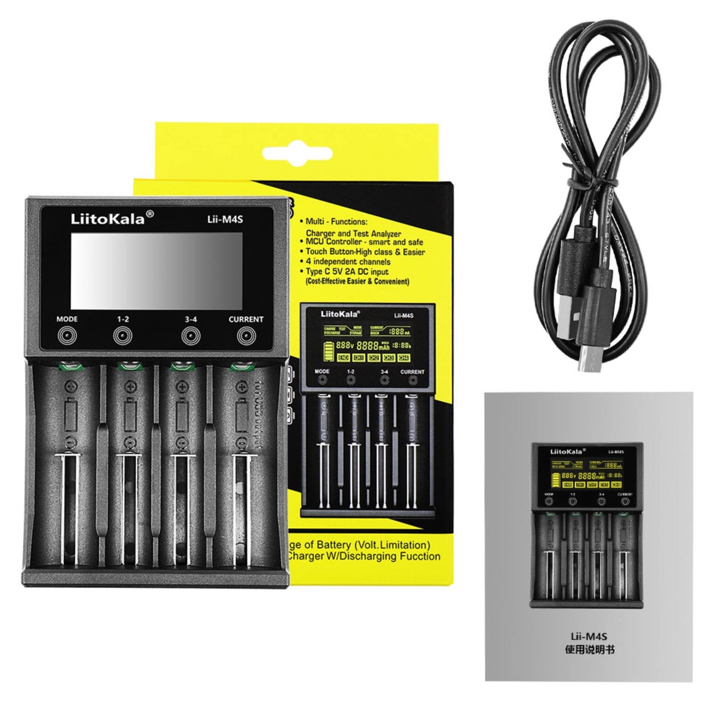 LiitoKala Lii-M4S Smart Battery Charger – 4-Slot Touch Control with USB Output