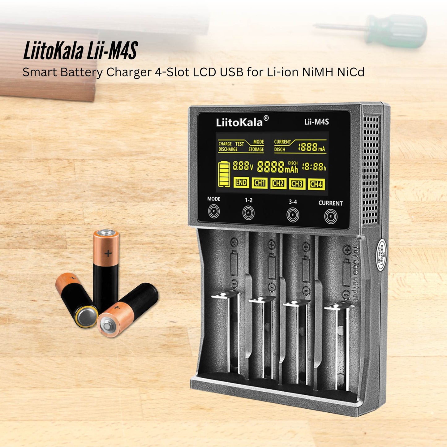 LiitoKala Lii-M4S Smart Battery Charger – 4-Slot Touch Control with USB Output