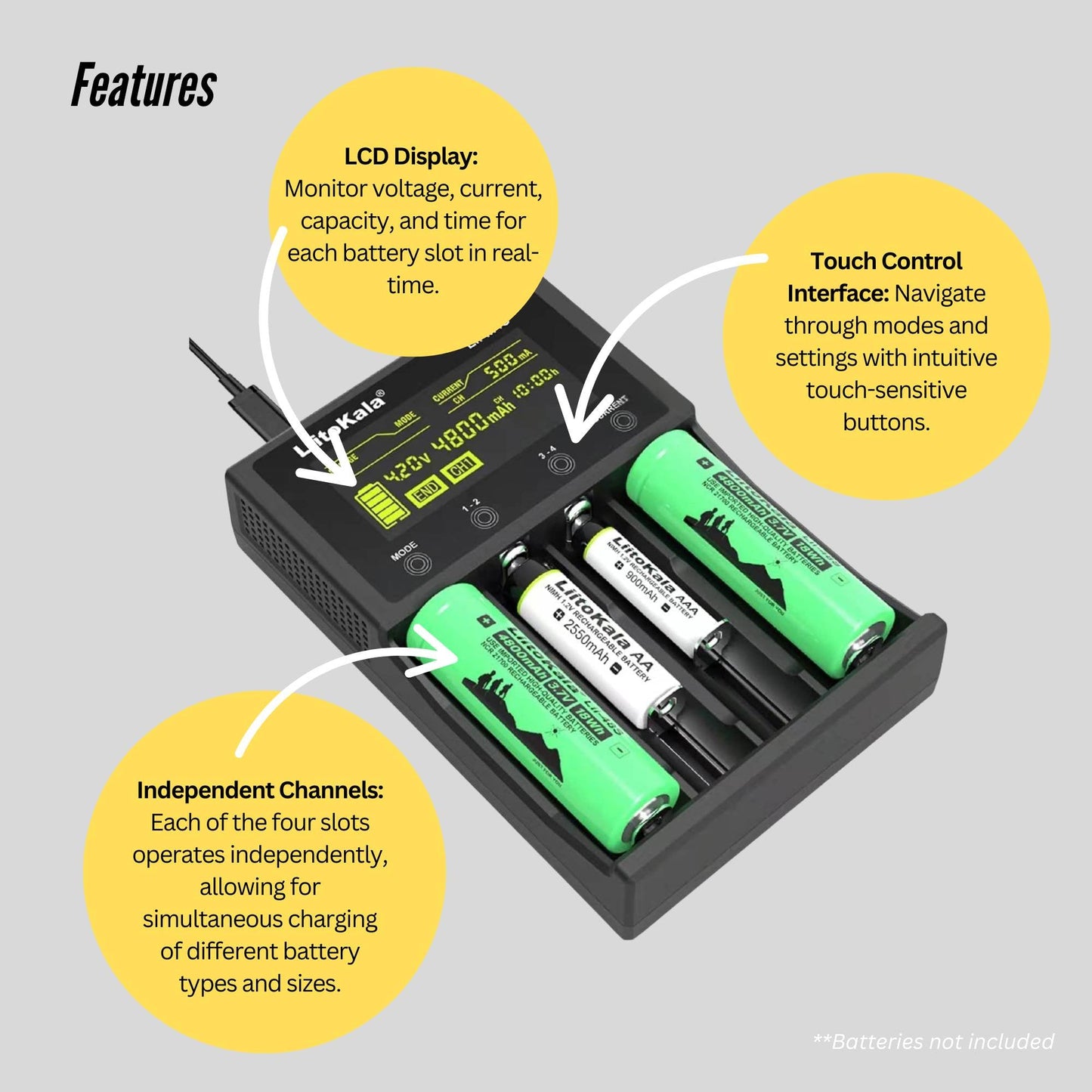 LiitoKala Lii-M4S Smart Battery Charger – 4-Slot Touch Control with USB Output
