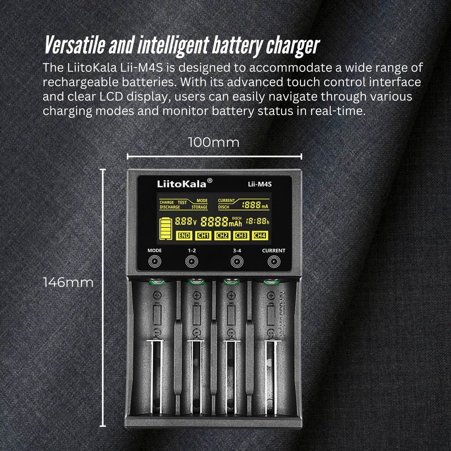 LiitoKala Lii-M4S Smart Battery Charger – 4-Slot Touch Control with USB Output