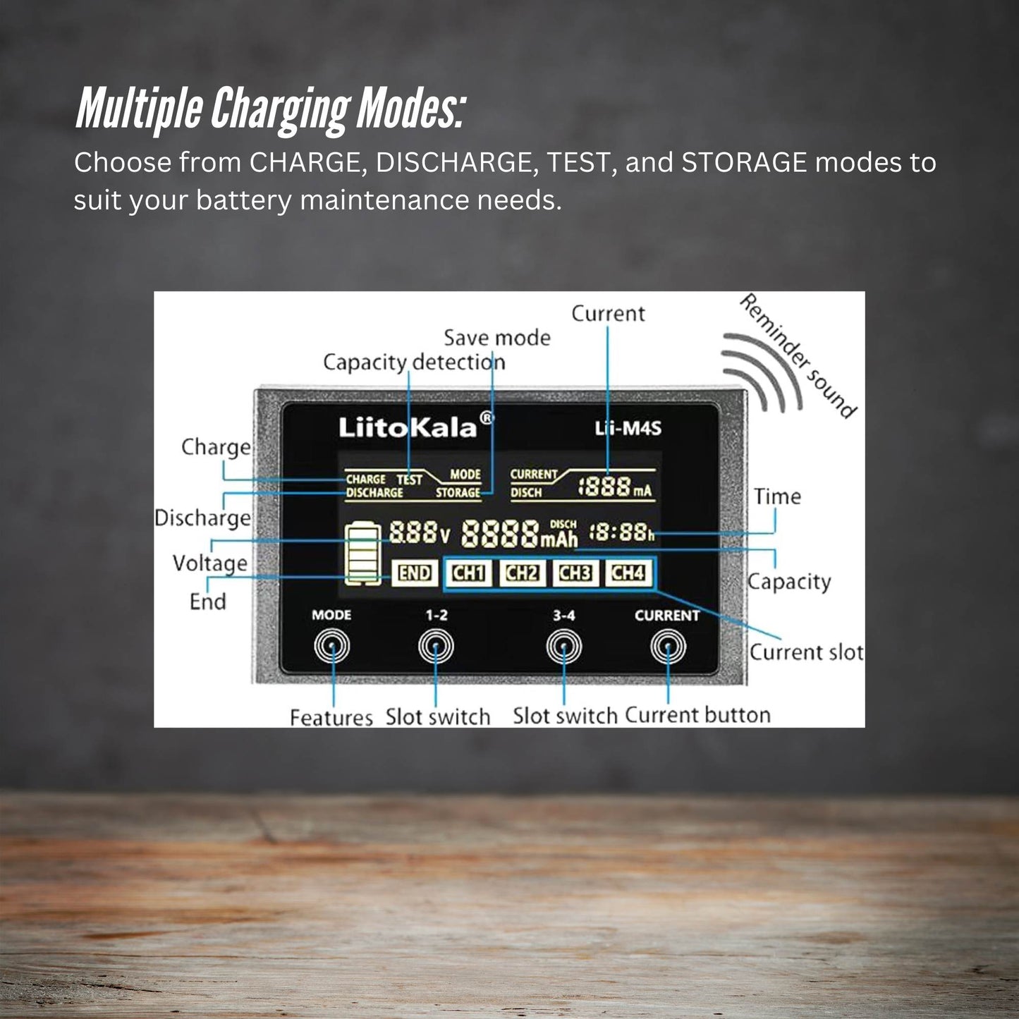 LiitoKala Lii-M4S Smart Battery Charger – 4-Slot Touch Control with USB Output
