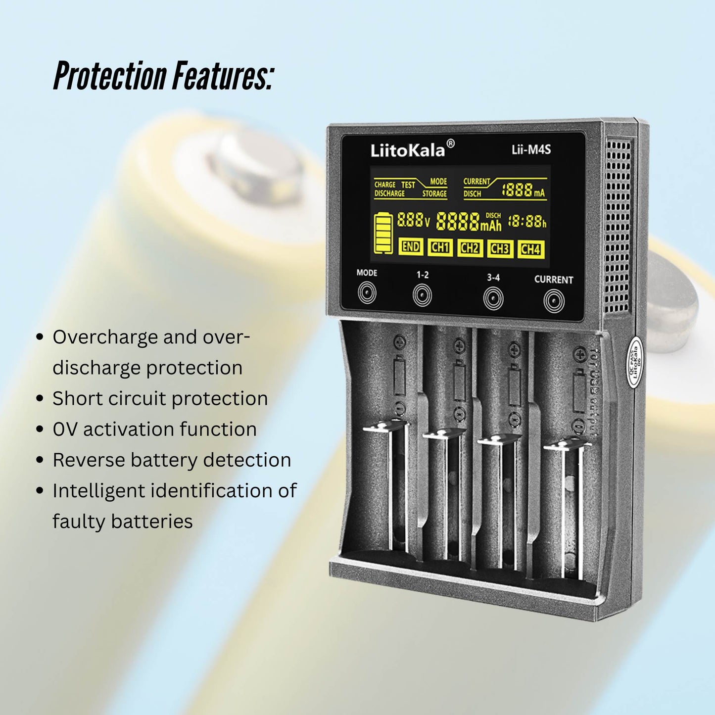 LiitoKala Lii-M4S Smart Battery Charger – 4-Slot Touch Control with USB Output