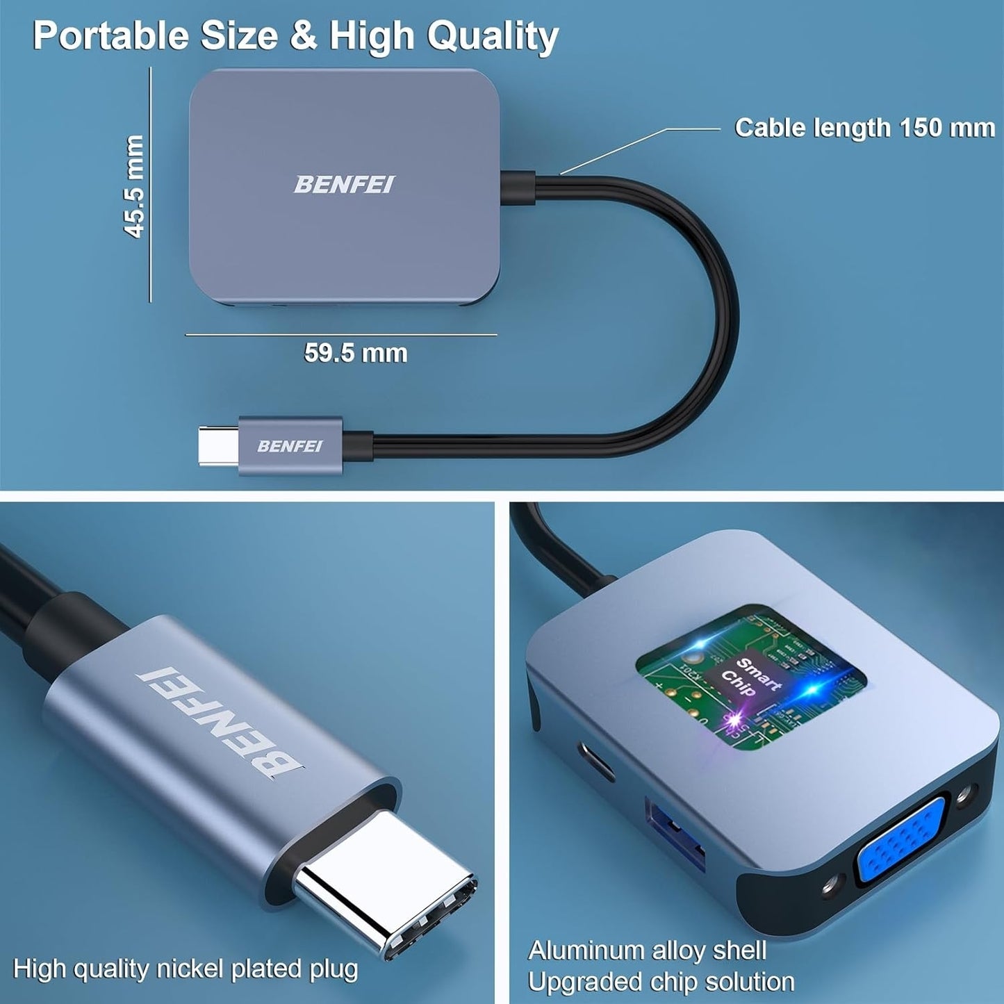 BENFEI USB-C Hub 4-in-1 Adapter – HDMI, VGA, USB 3.0
