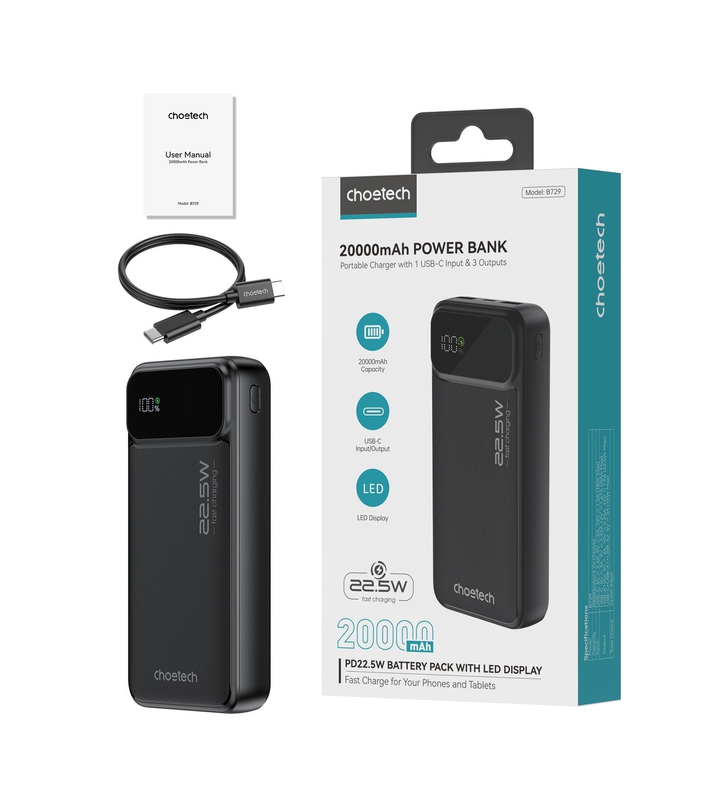 CHOETECH 20000mAh Power Bank – 3-Device Fast Charge with LED Display