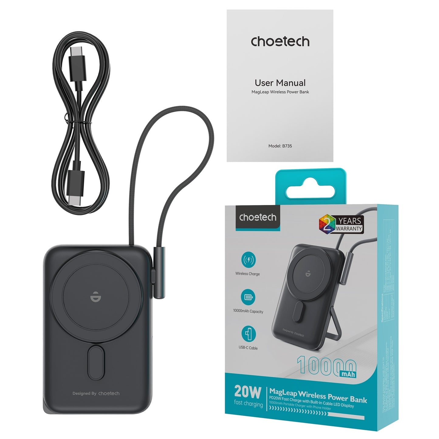 CHOETECH 2-in-1 10000mAh Power Bank – Wired + Wireless Fast Charging