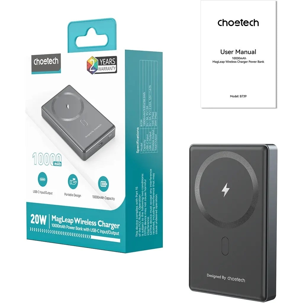CHOETECH 10000mAh Slim Magnetic Power Bank – 20W USB-C Fast Charging