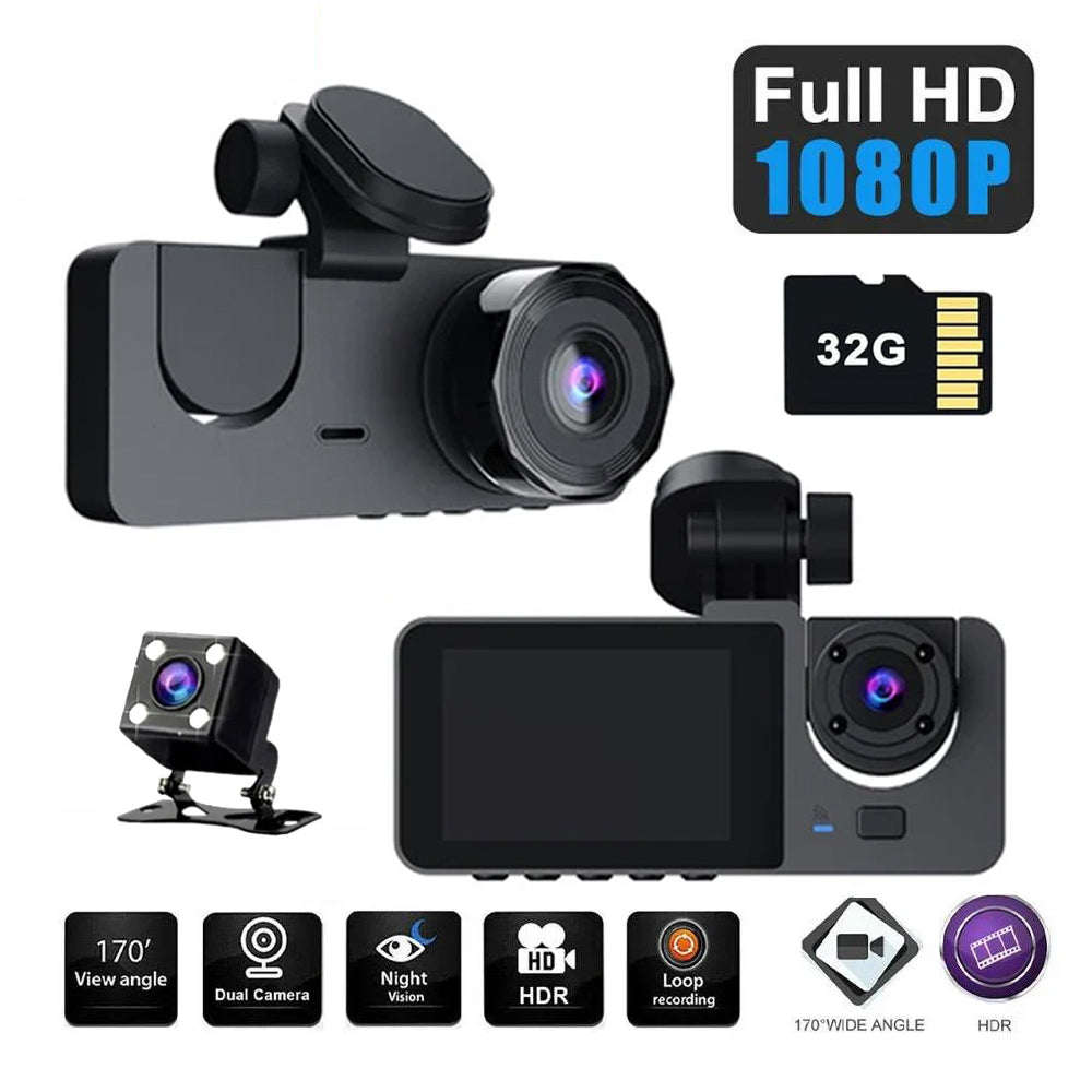 3-Channel Dash Cam – 1080P HD Car DVR with Front, Rear & Interior Cameras + 32GB Card