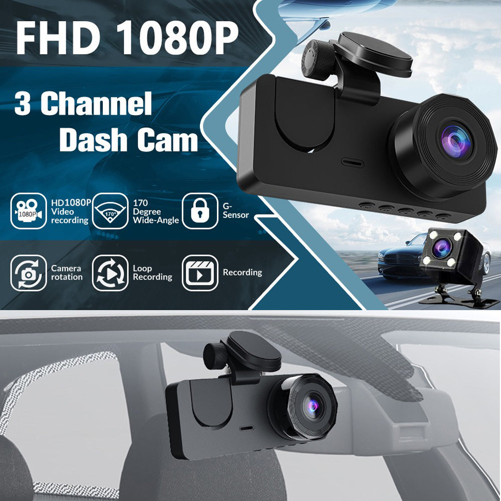 3-Channel Dash Cam – 1080P HD Car DVR with Front, Rear & Interior Cameras + 32GB Card