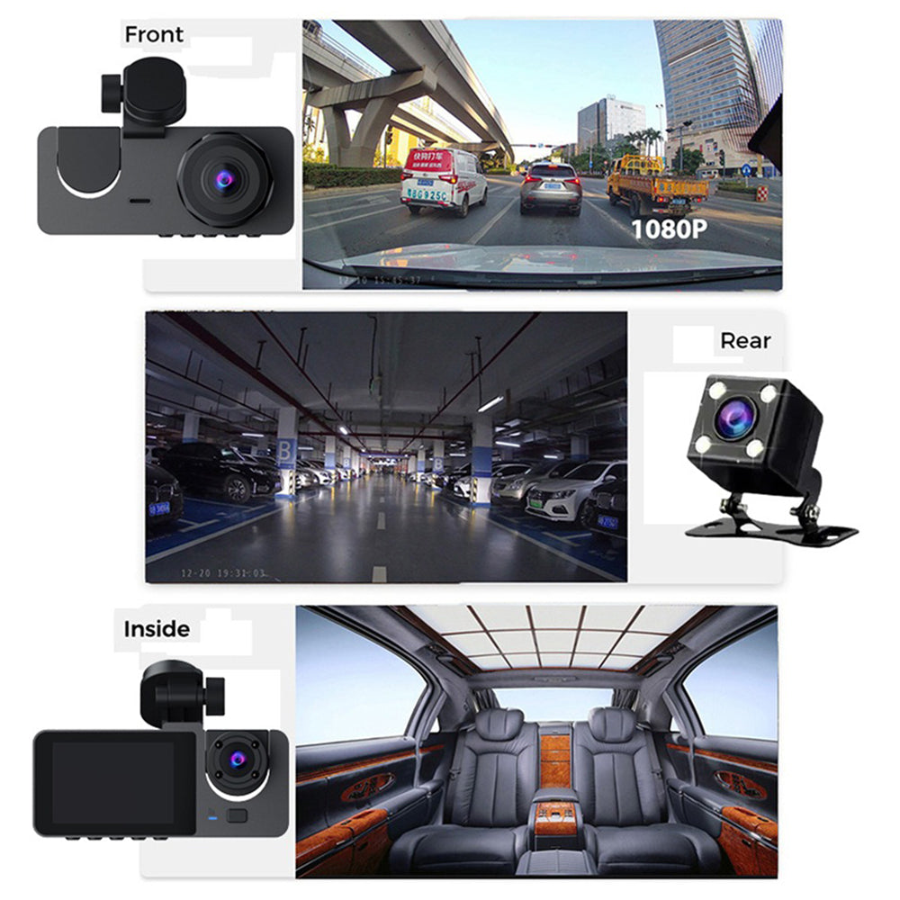 3-Channel Dash Cam – 1080P HD Car DVR with Front, Rear & Interior Cameras + 32GB Card
