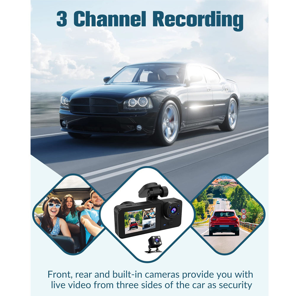 3-Channel Dash Cam – 1080P HD Car DVR with Front, Rear & Interior Cameras + 32GB Card