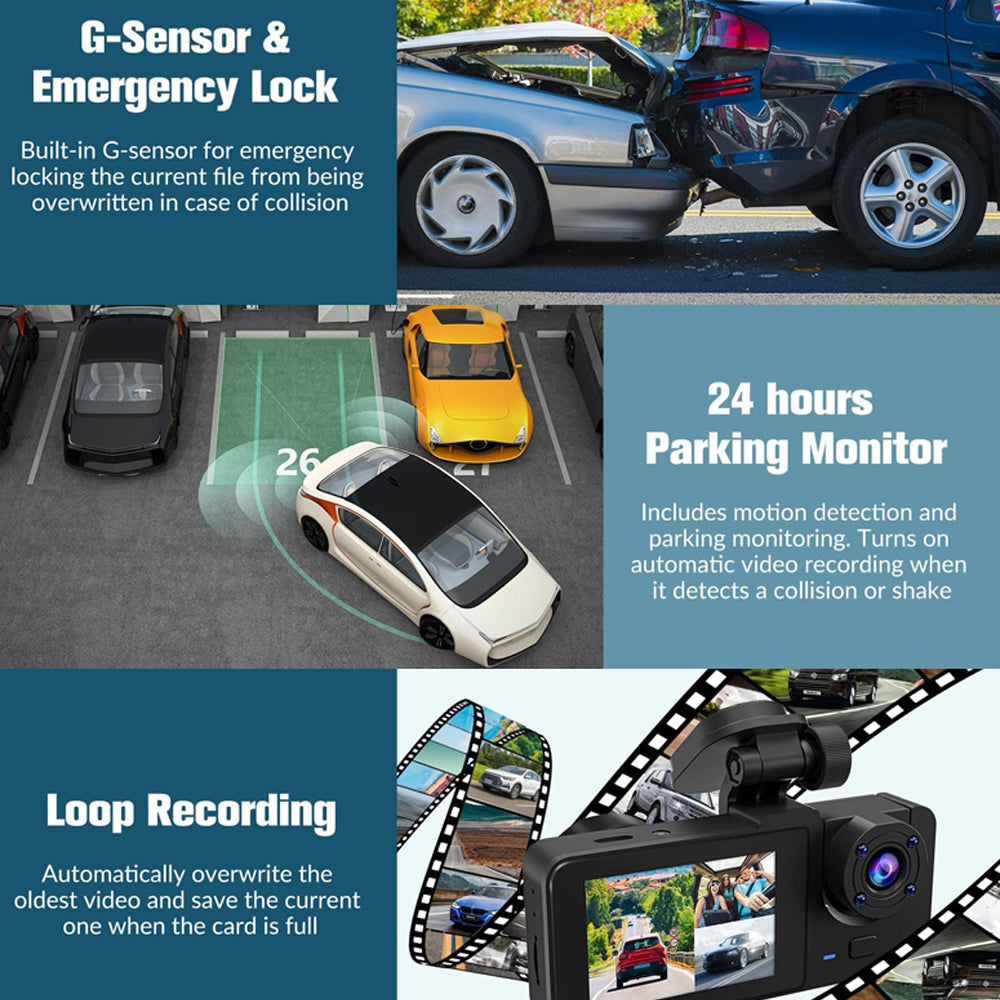 3-Channel Dash Cam – 1080P HD Car DVR with Front, Rear & Interior Cameras + 32GB Card