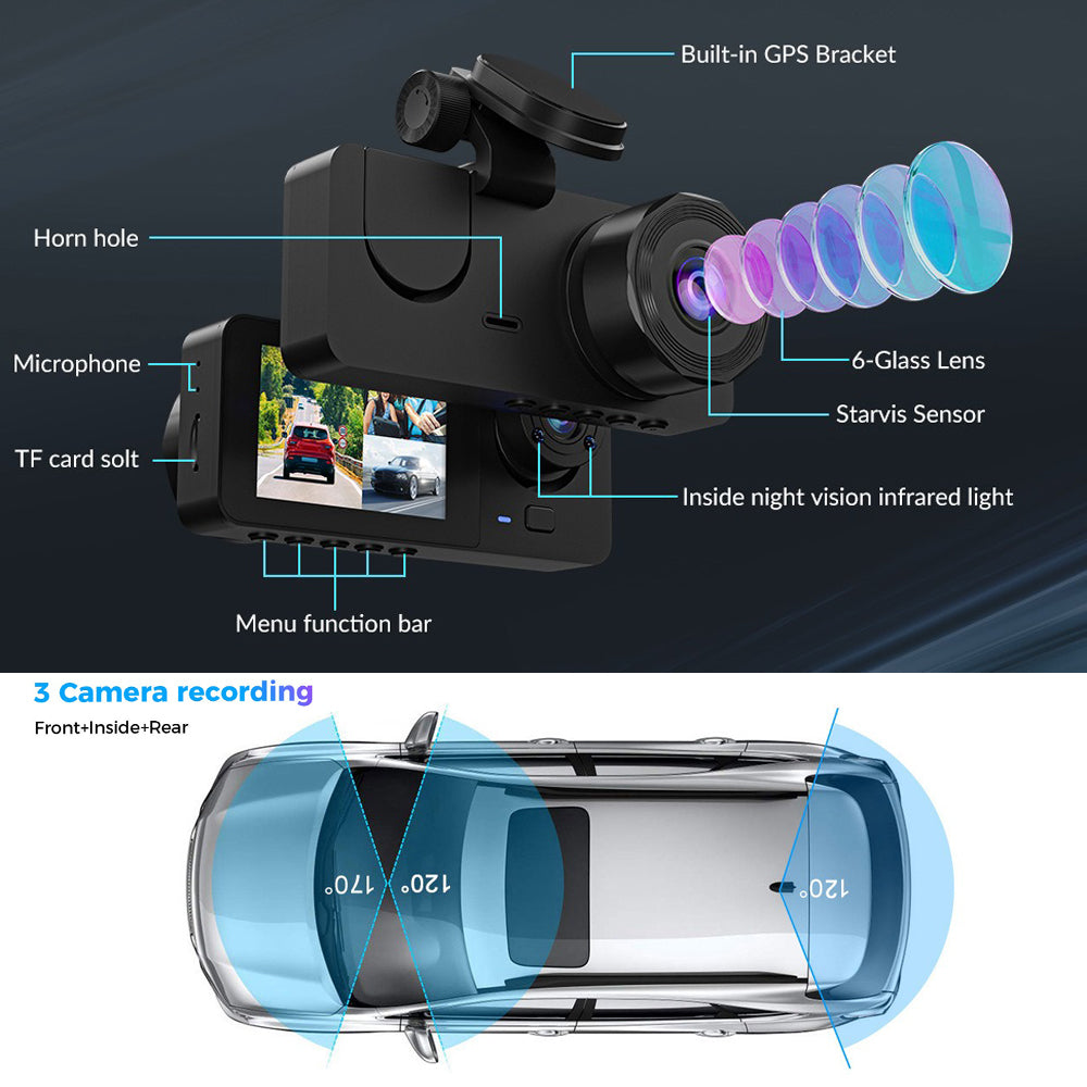 3-Channel Dash Cam – 1080P HD Car DVR with Front, Rear & Interior Cameras + 32GB Card