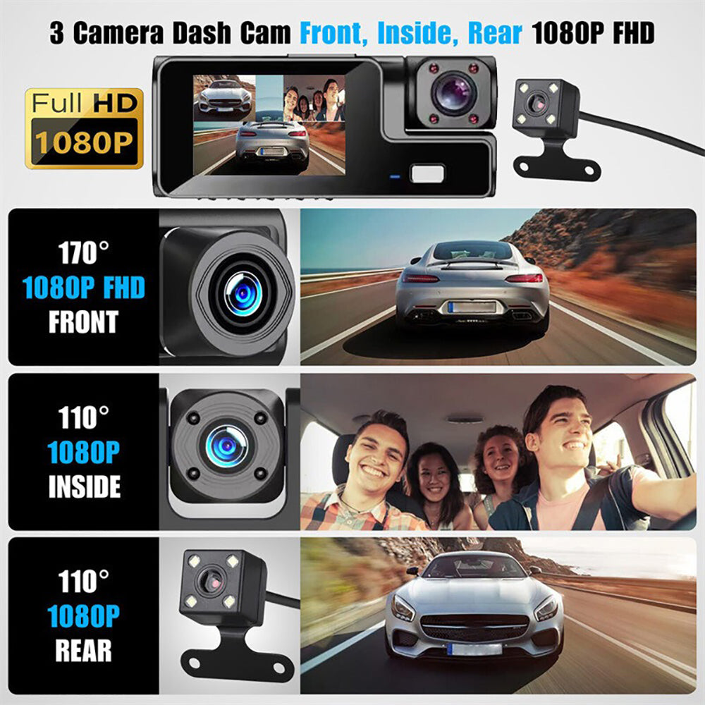 WiFi 3-Channel Dash Cam – 1080P Full HD with Night Vision, Hardwire Kit & 32GB Card