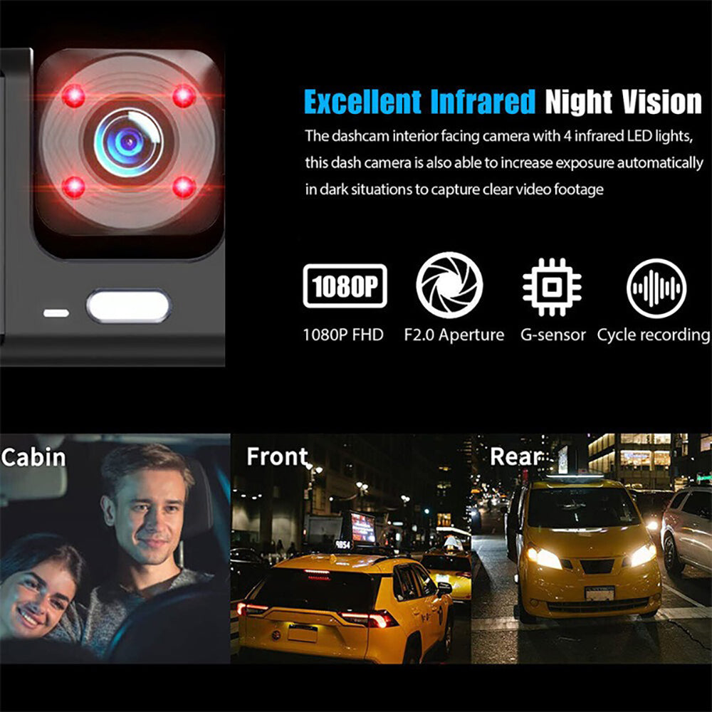 WiFi 3-Channel Dash Cam – 1080P Full HD with Night Vision, Hardwire Kit & 32GB Card