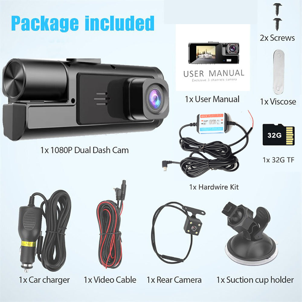WiFi 3-Channel Dash Cam – 1080P Full HD with Night Vision, Hardwire Kit & 32GB Card