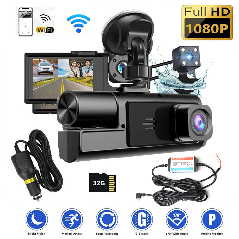 WiFi 3-Channel Dash Cam – 1080P Full HD with Night Vision, Hardwire Kit & 32GB Card