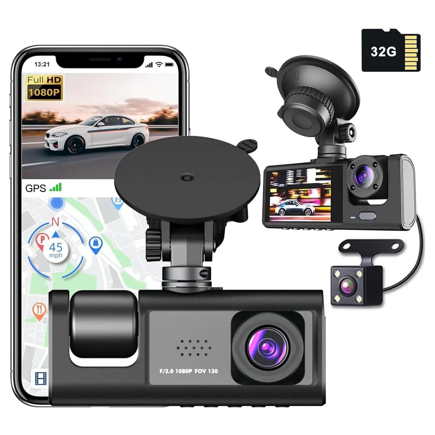 WiFi 3-Channel Dash Cam – 1080P Full HD + Free 32GB Card Included