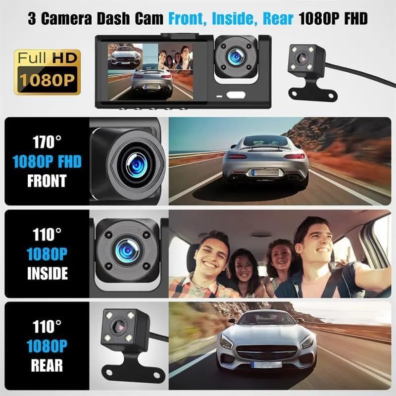 WiFi 3-Channel Dash Cam – 1080P Full HD + Free 32GB Card Included
