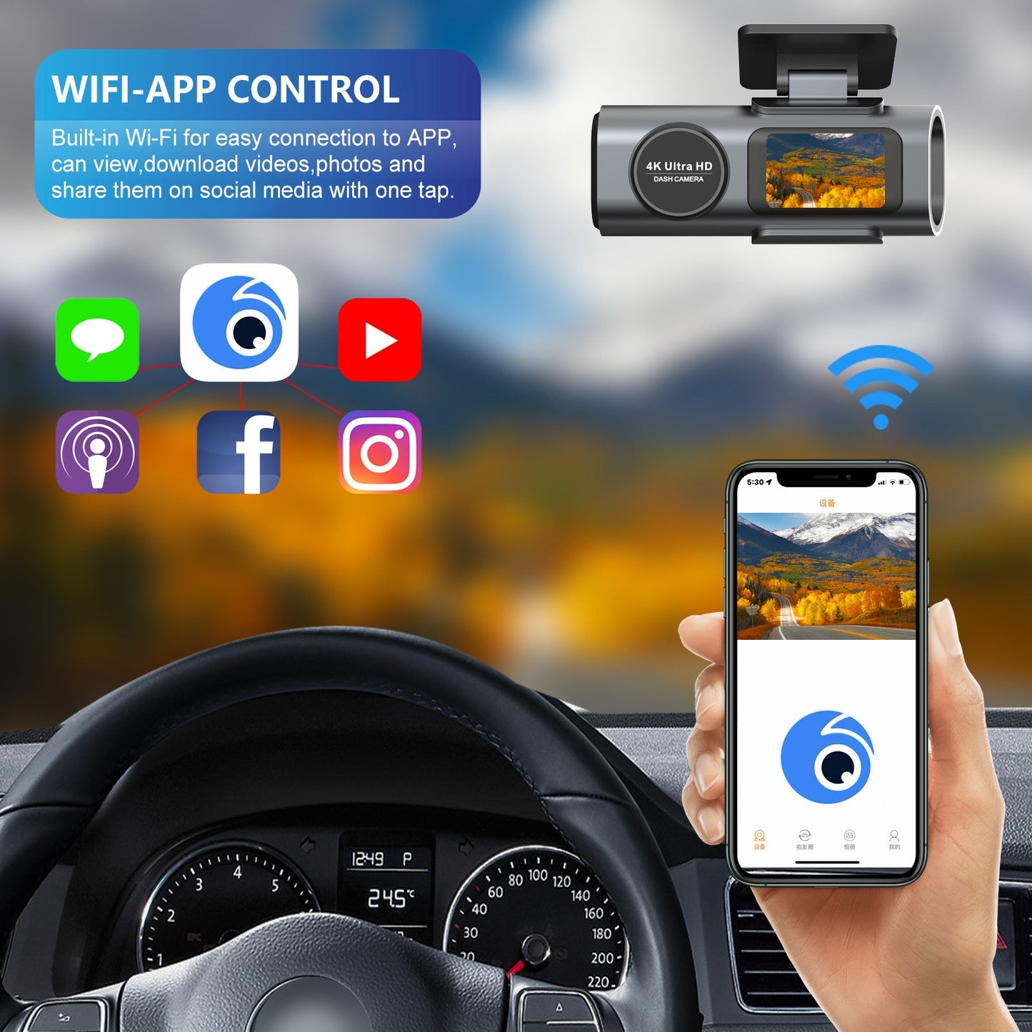 4K UHD Dash Cam – 2160P WiFi Car Camera with Night Vision + 64GB Card