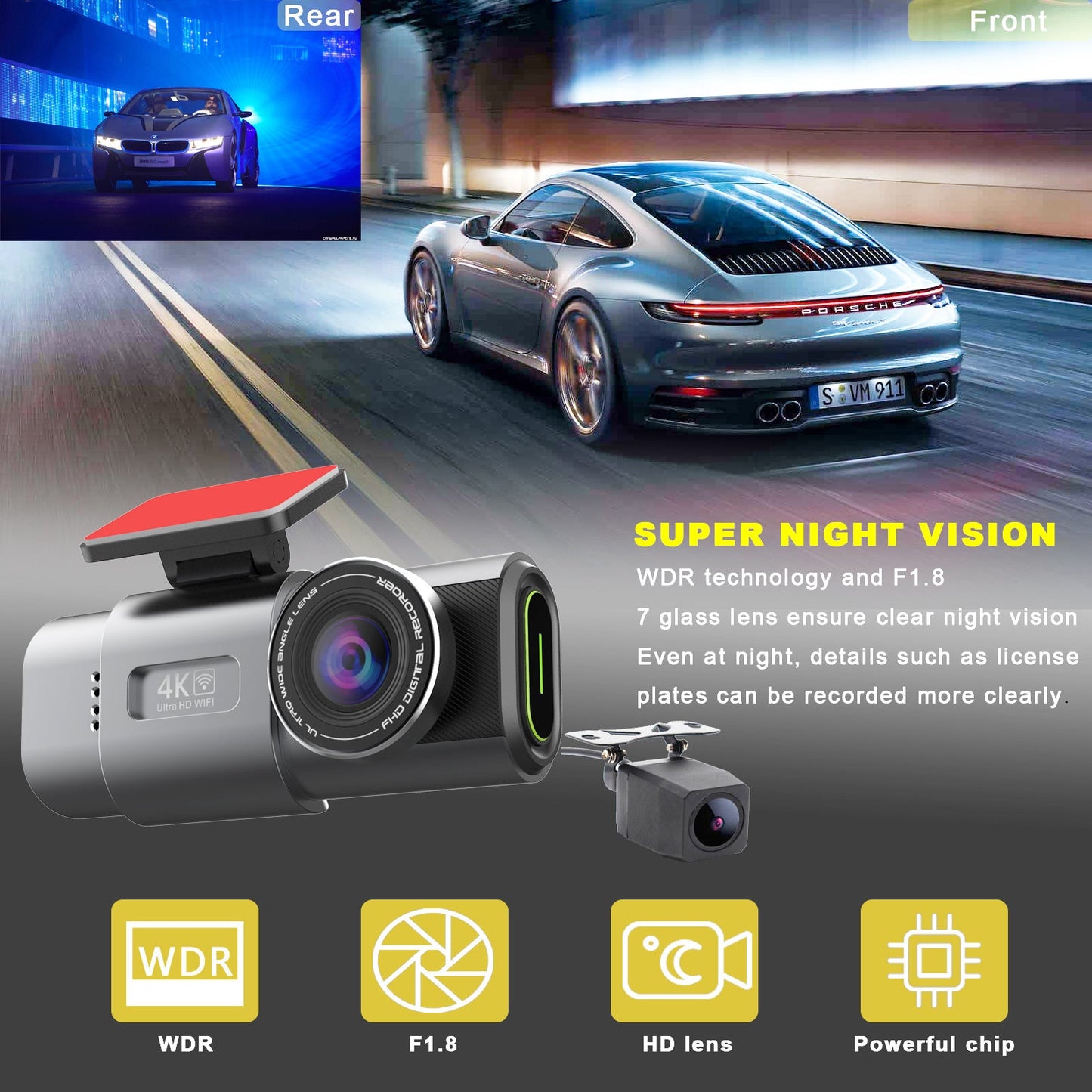4K UHD Dash Cam – 2160P WiFi Car Camera with Night Vision + 64GB Card