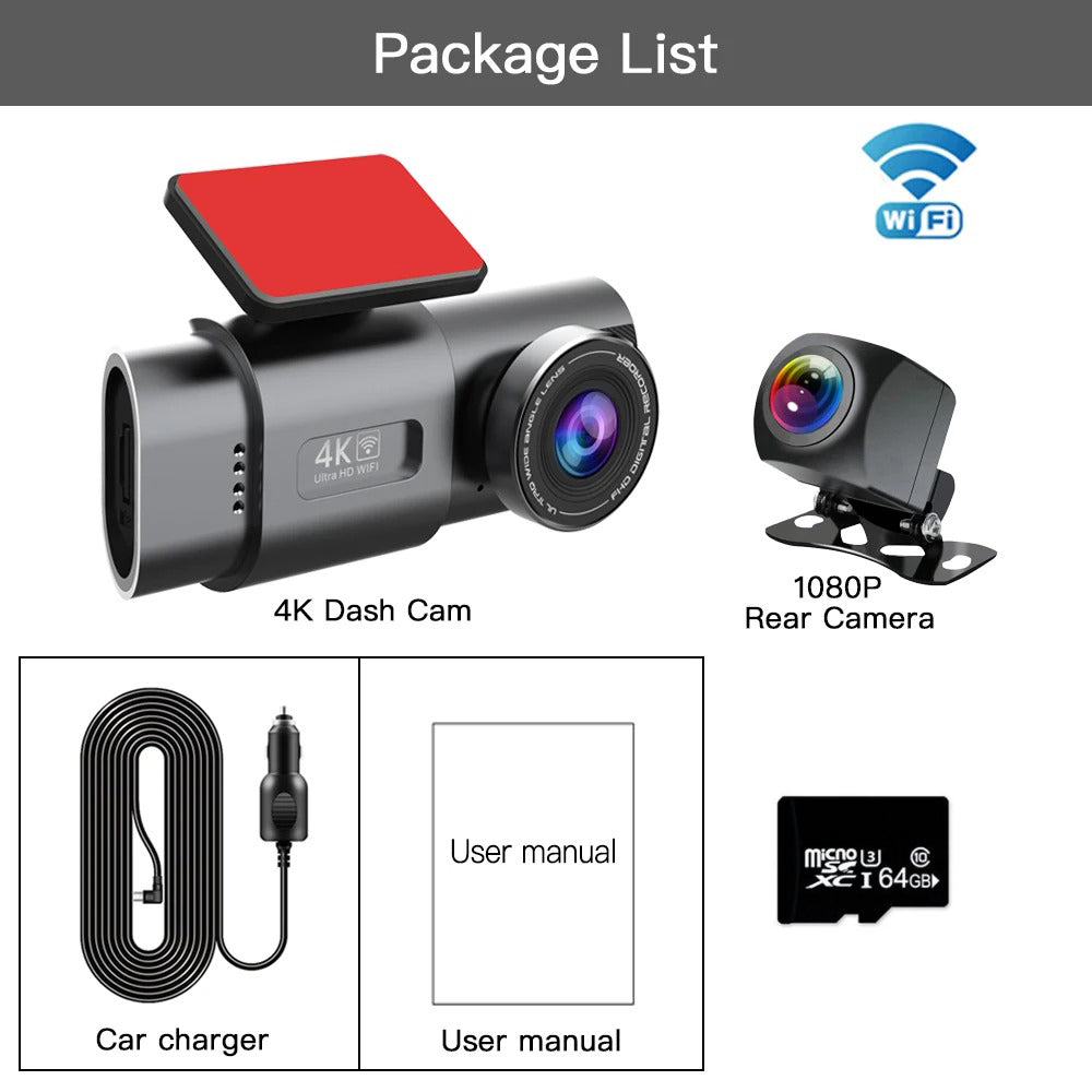 4K UHD Dash Cam – 2160P WiFi Car Camera with Night Vision + 64GB Card