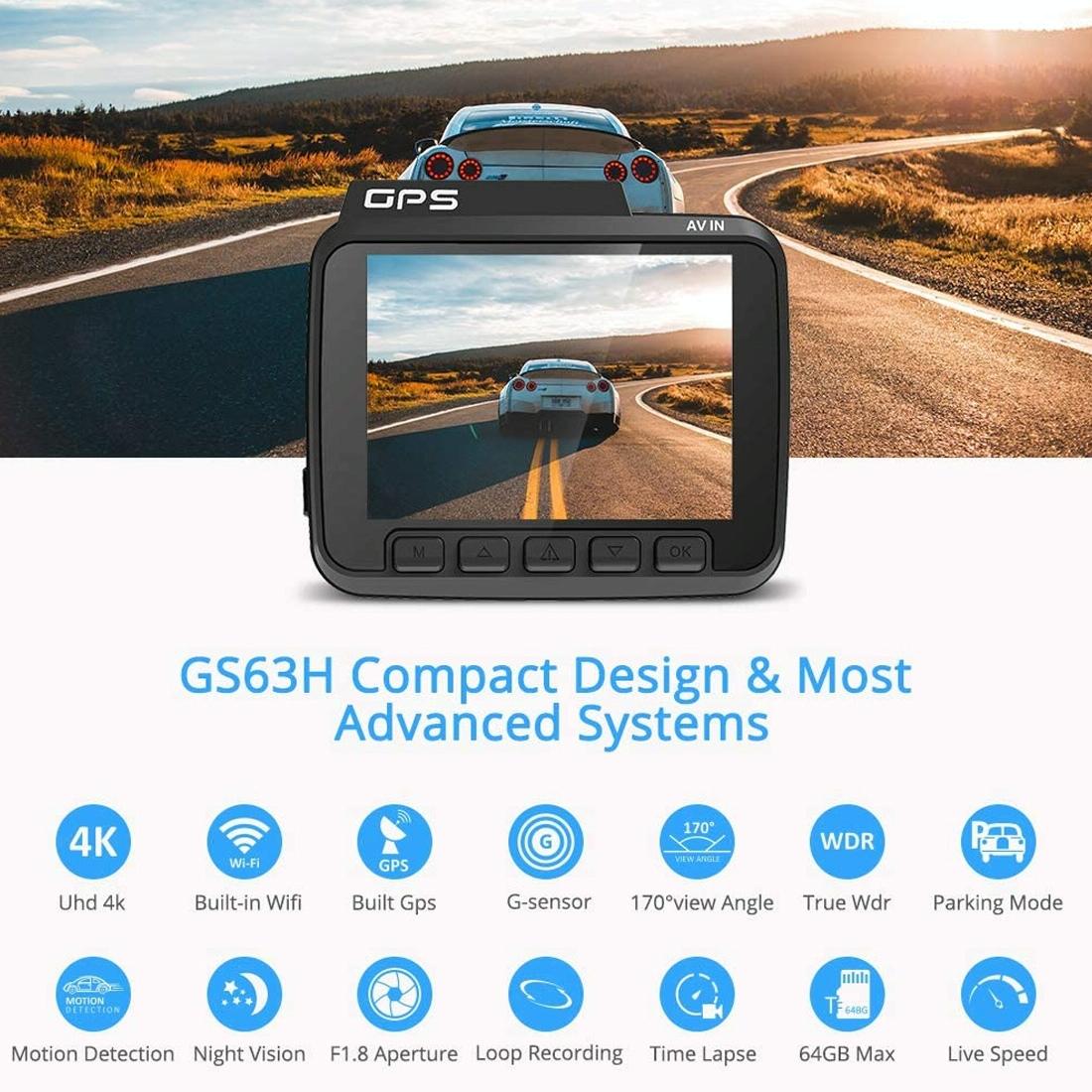 GS63H 4K Ultra HD Dash Cam with GPS, WiFi & Wide-Angle Lens – 2160P Car Camera Recorder
