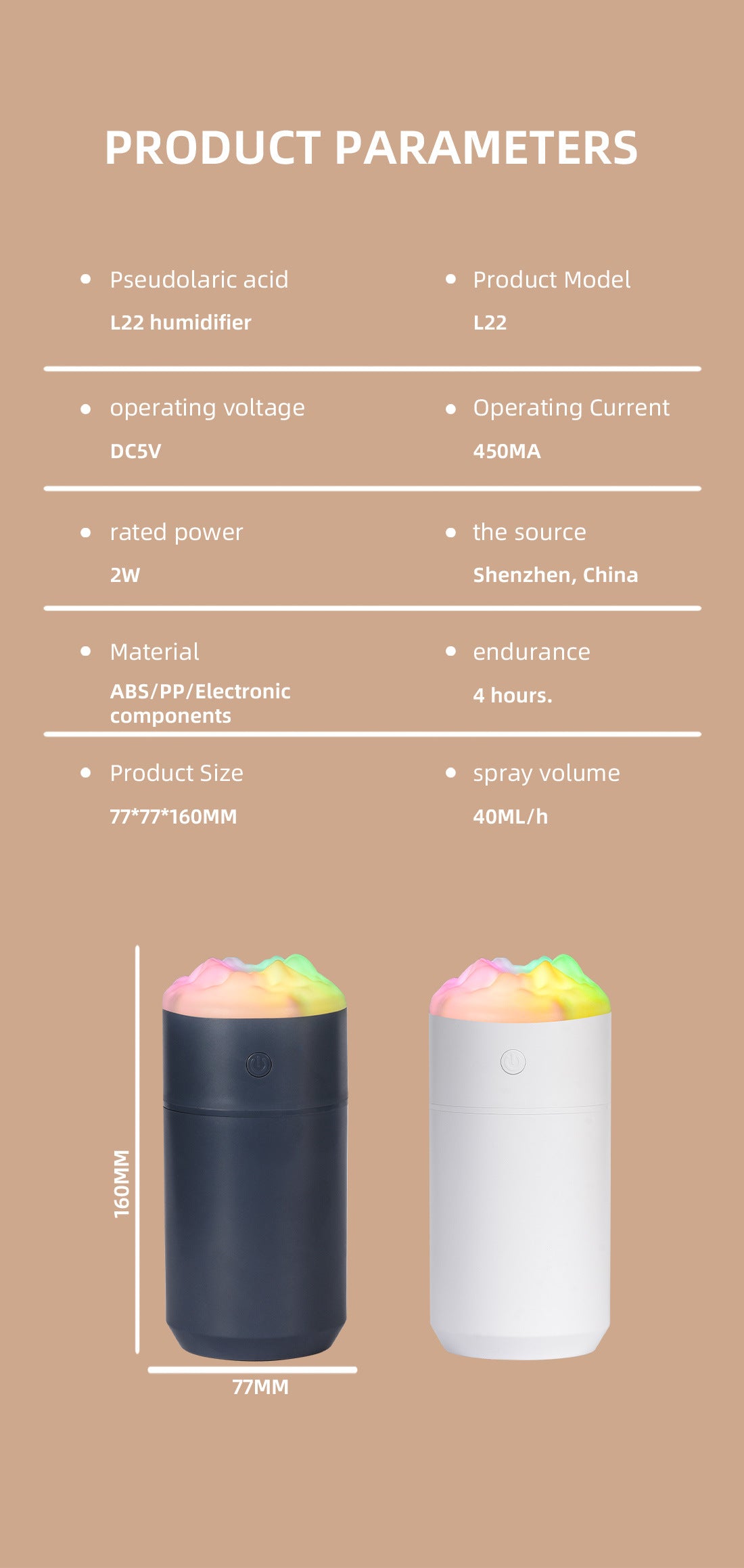 2PCS White 350ML LED Desk Humidifiers – Portable, Silent Cool Mist for Car, Home & Office