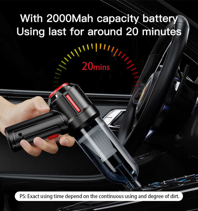 Black 3-in-1 Car Vacuum Cleaner – Suction, Blower & Dust Extractor | 2×2000mAh Batteries + USB Rechargeable