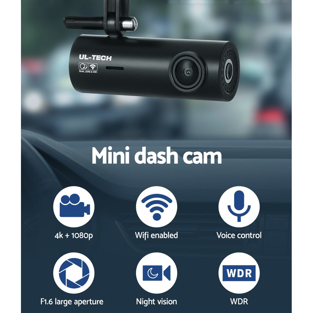 UL-tech 4K Hidden Dash Cam – Front & Rear WiFi with Night Vision & 64GB Card