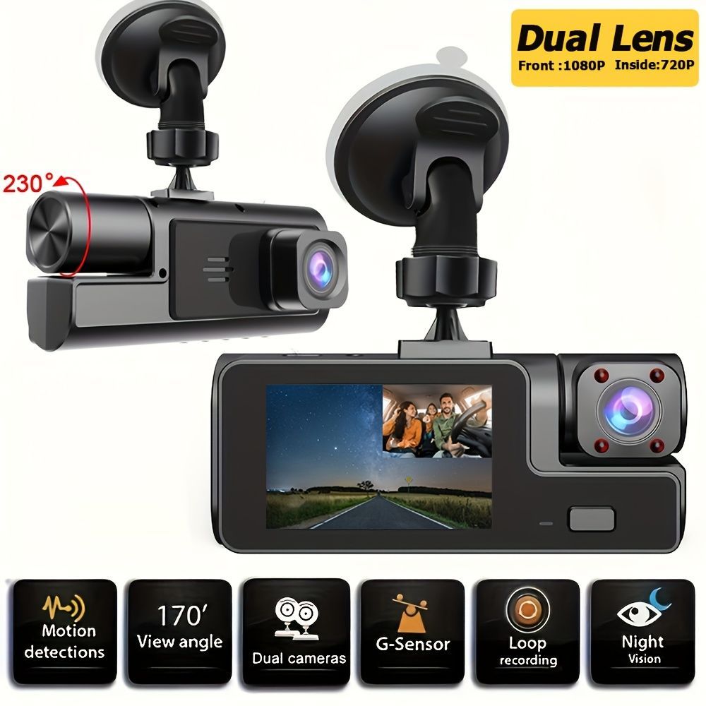 Dual Lens Dash Cam, 1080P Front and 720P Interior Camera, Black