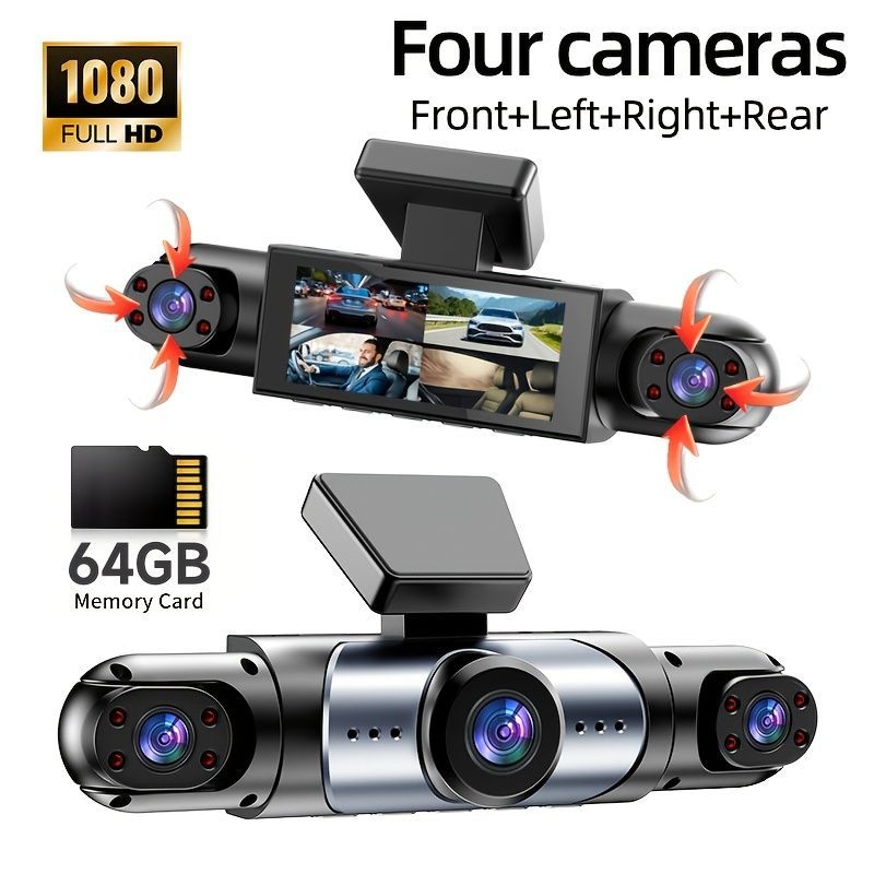 4 Camera Dash Cam 1080P Full HD with 64GB Memory Card, Black