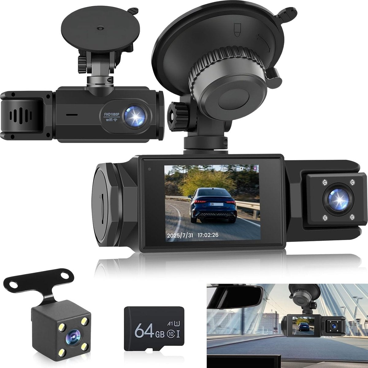 WiFi 3 Channel Dash Cam 1080P with 64GB Card
