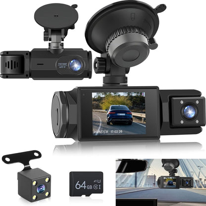 WiFi 3 Channel Dash Cam 1080P with 64GB Card