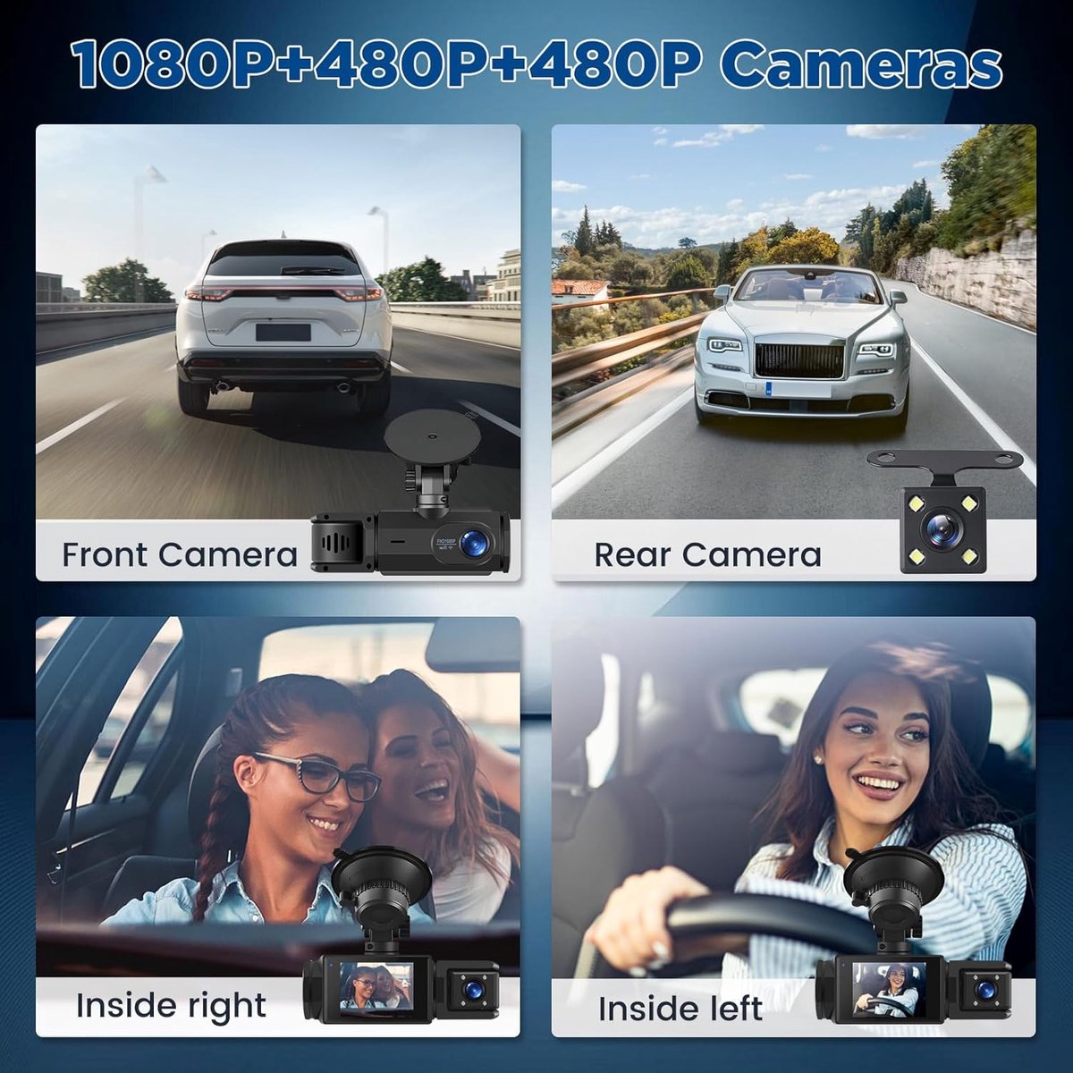 WiFi 3 Channel Dash Cam 1080P with 64GB Card