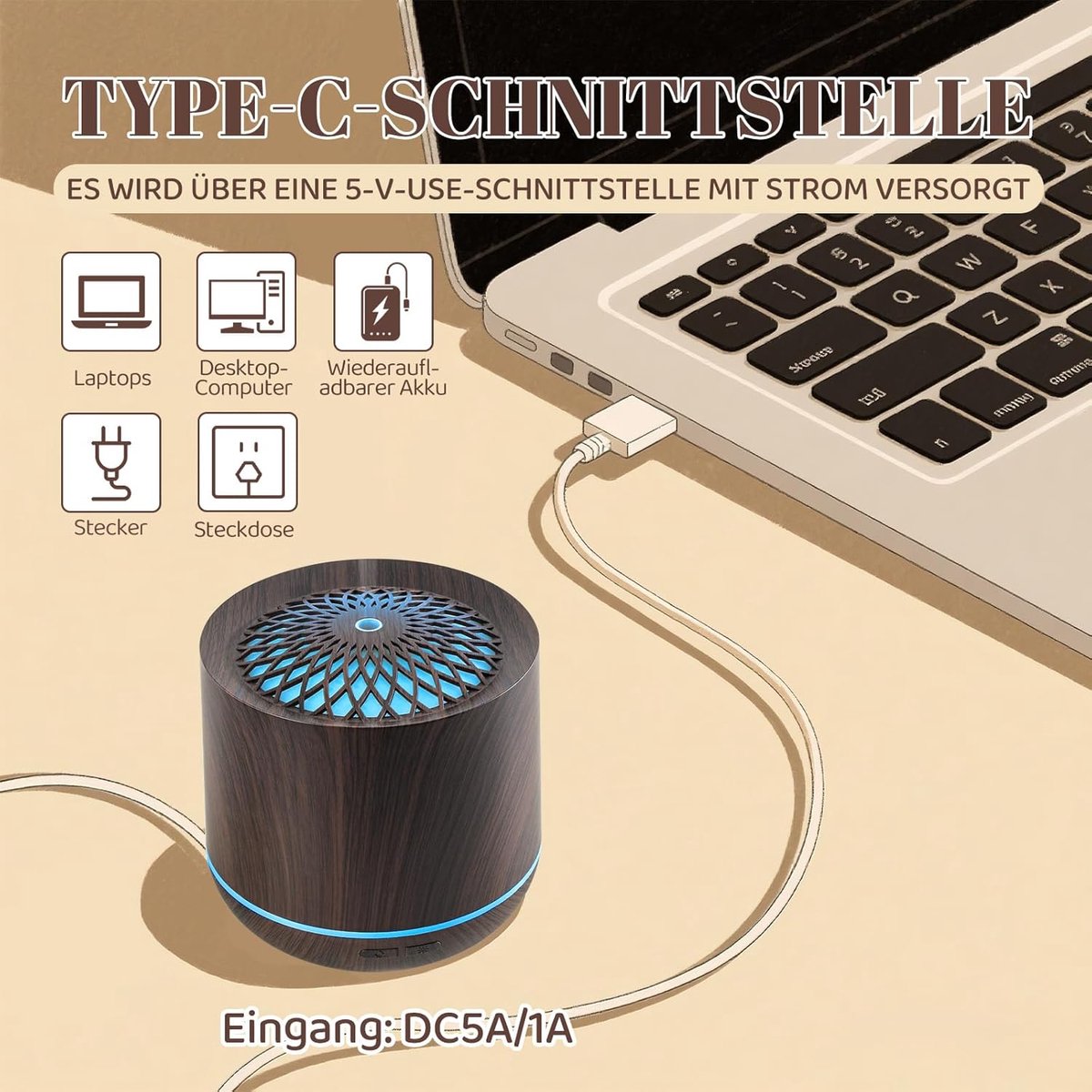 Aromatherapy Humidifier 300ml, 7 Colour LED, Dark Wood