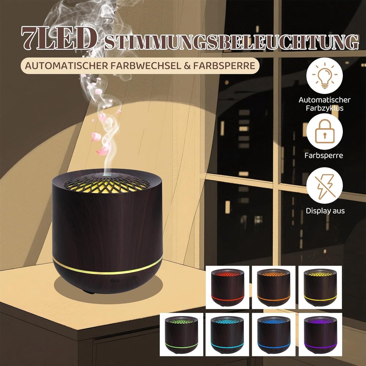 Aromatherapy Humidifier 300ml, 7 Colour LED, Dark Wood