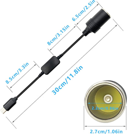 USB-C to 12V Car Cigarette Lighter Socket Adapter Cable for Dash Cam