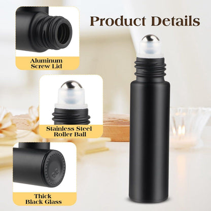 Matte Black Glass Roller Bottles 10ml, 10 Pack