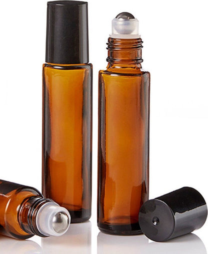 Amber Glass Roll On Bottles 10ml, 10 Pack, Steel Roller Ball