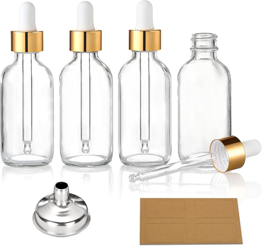 Clear Dropper Bottles 30ml, 4 Pack with Gold Caps, Funnel and Labels