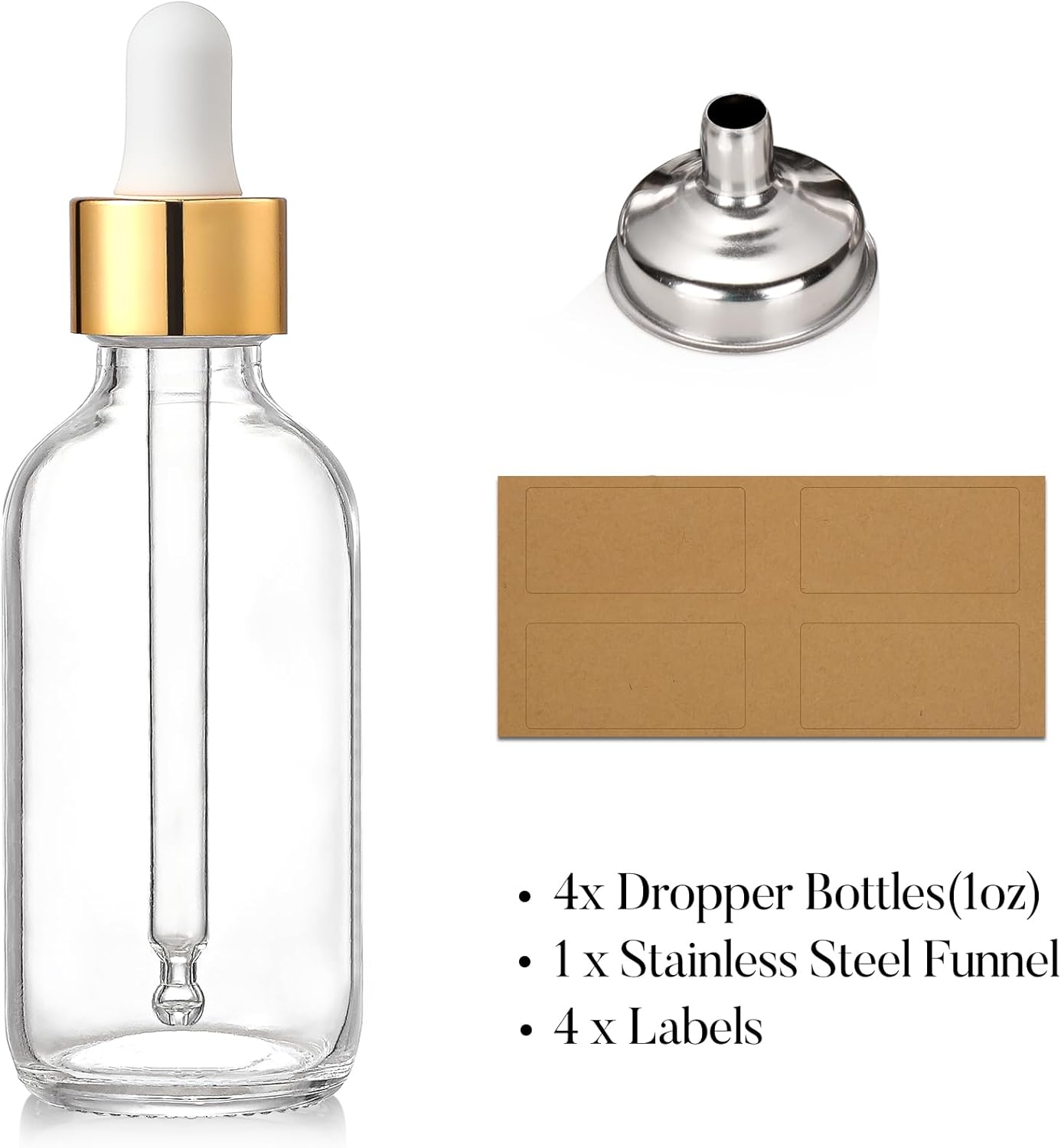 Clear Dropper Bottles 30ml, 4 Pack with Gold Caps, Funnel and Labels