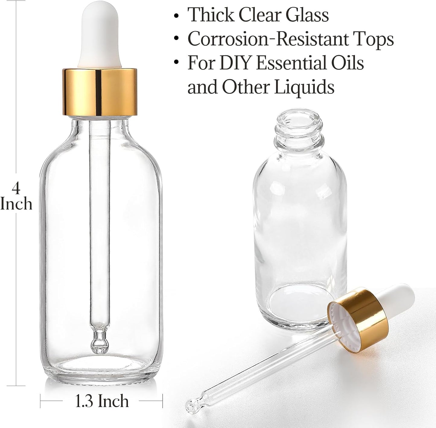 Clear Dropper Bottles 30ml, 4 Pack with Gold Caps, Funnel and Labels