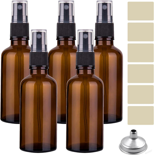 Amber Glass Spray Bottles 50ml, 5 Pack with Funnel and Labels