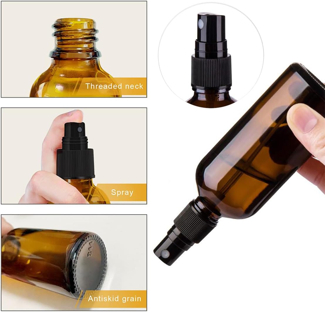 Amber Glass Spray Bottles 50ml, 5 Pack with Funnel and Labels