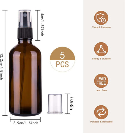 Amber Glass Spray Bottles 50ml, 5 Pack with Funnel and Labels